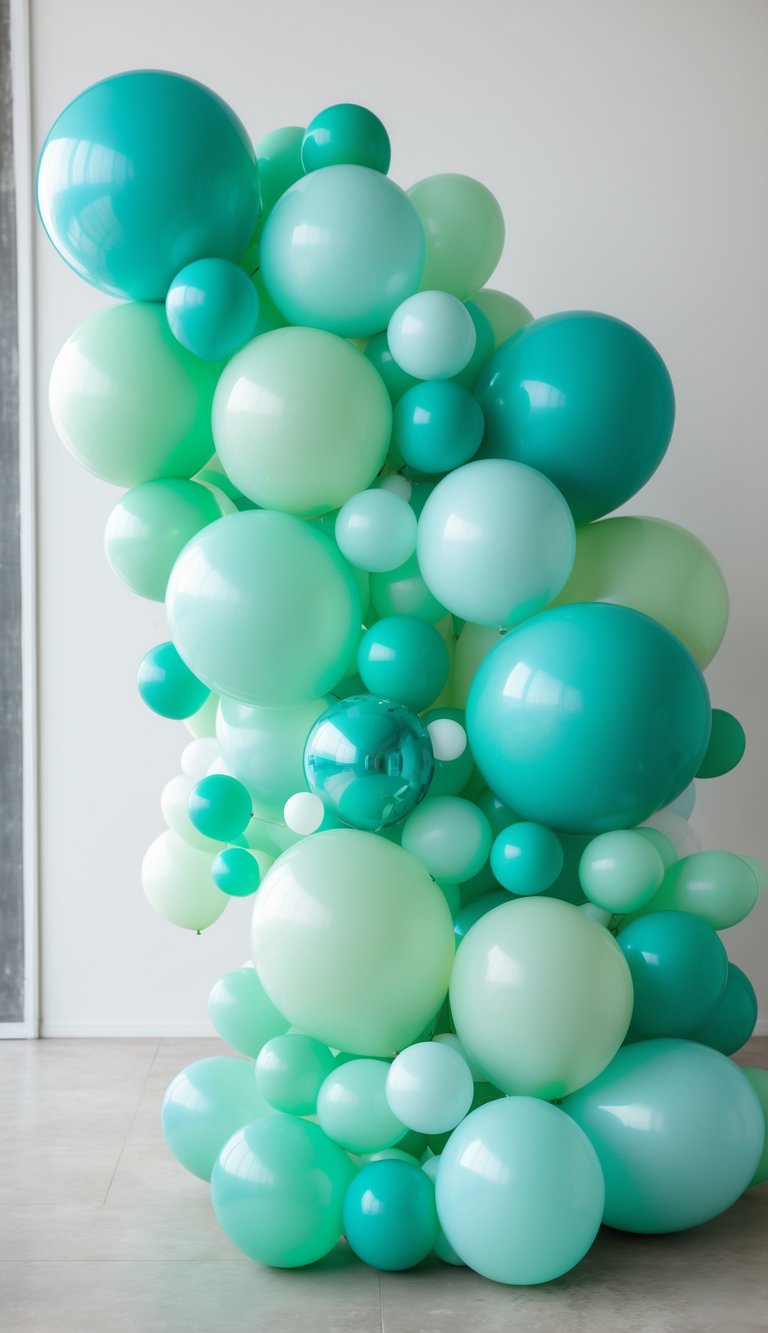 A turquoise and mint green balloon garland arranged in a flowing design against a light background.